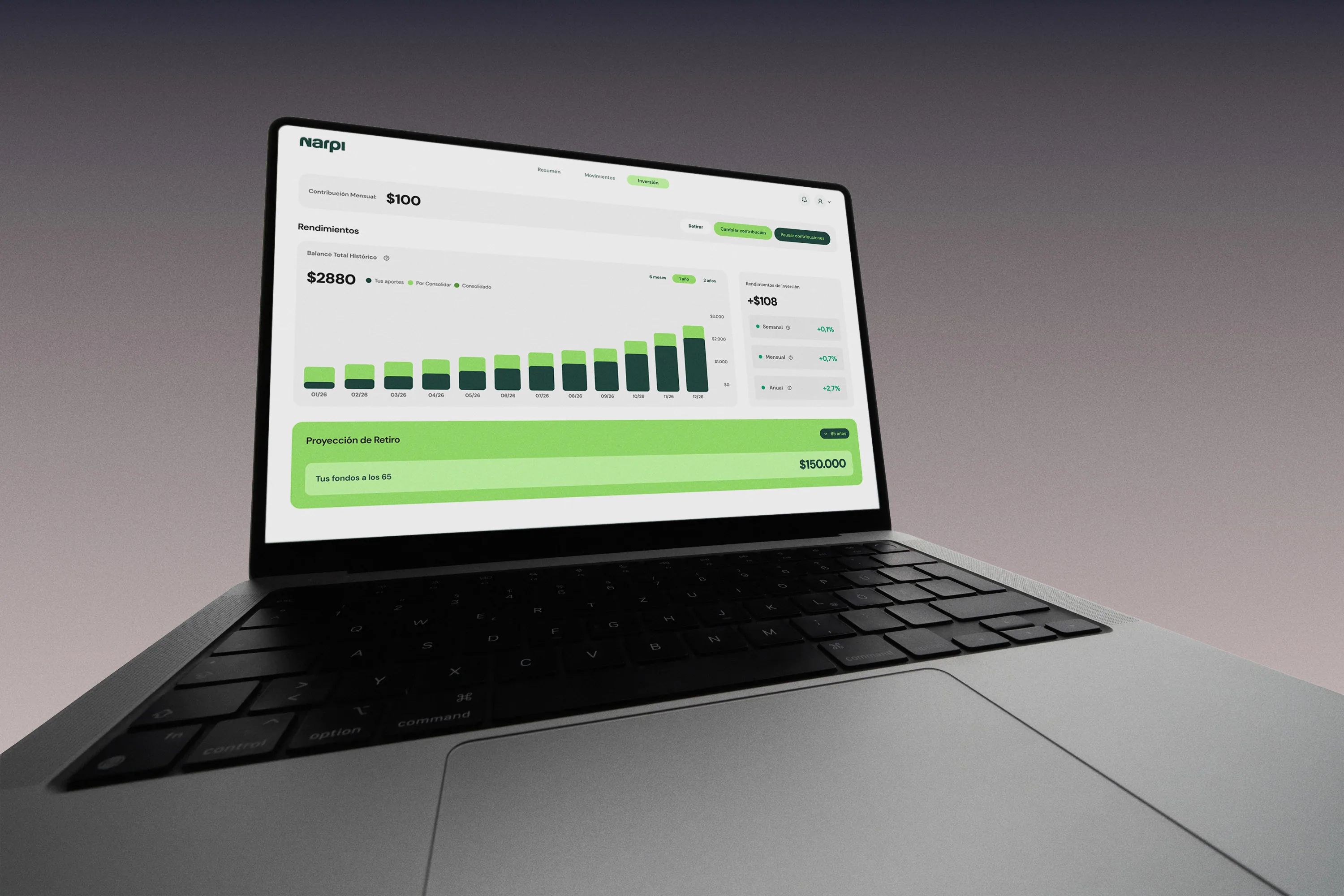 The Narpi retirement savings dashboard on a laptop