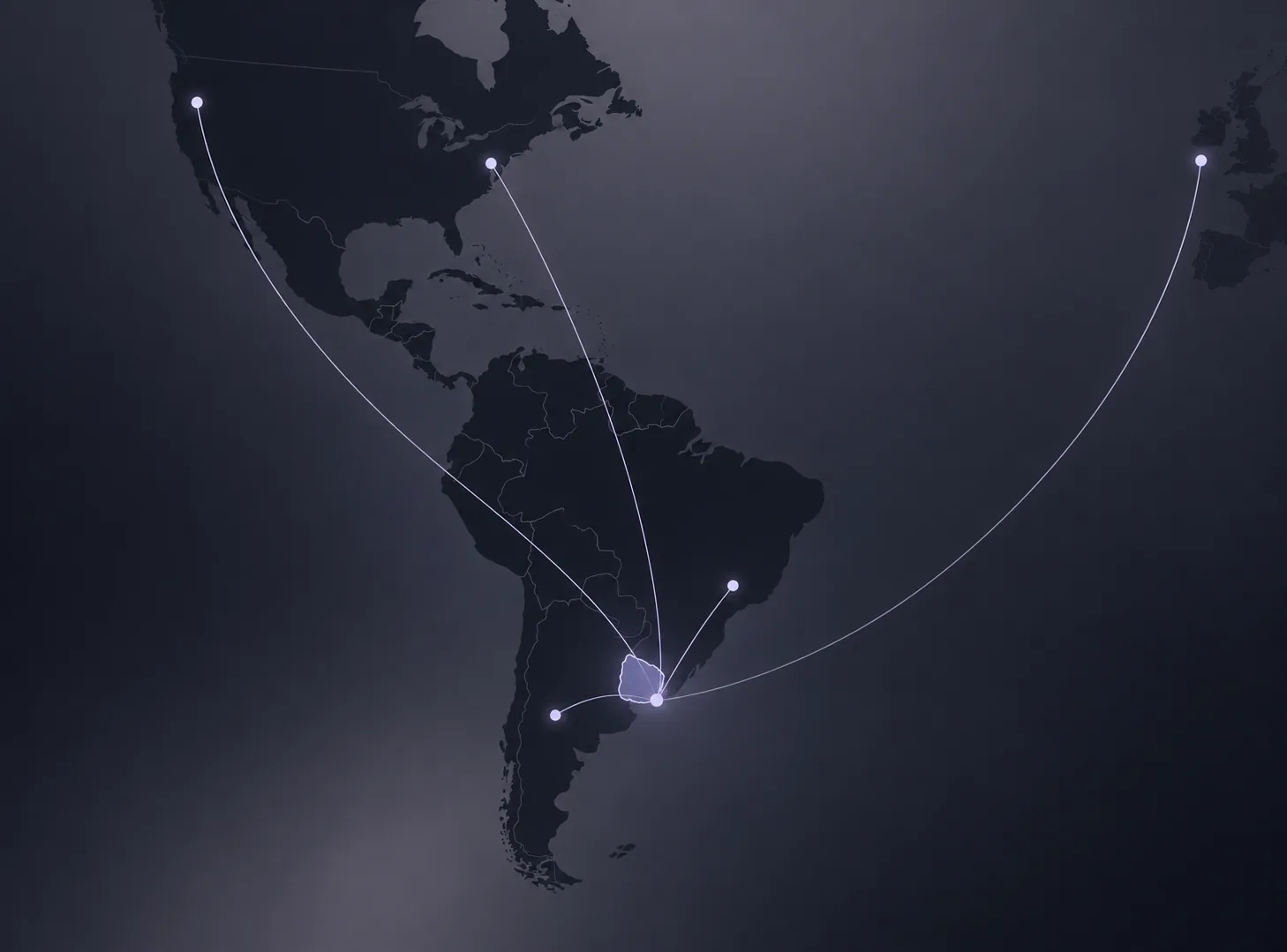 Map connecting Uruguay with San Francisco, New York, Europe, Brazil and Argentina